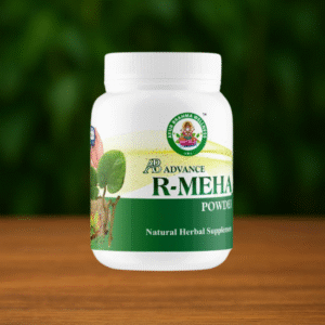A white plastic container labeled Ayur Brahma R-Meha Power Natural Herbal Supplement is displayed on a wooden surface with a blurred green background.