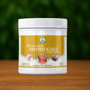 A container of Ayur Brahma Ortho Kare Powder is placed on a wooden surface with a blurred green background. The label states it is an Ayurvedic medicine designed for joint pain relief.
