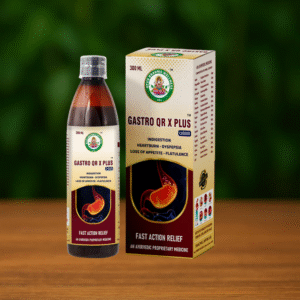 A 300 ml bottle and box of Ayur Brahma Gastro OR X Plus, an Ayurvedic liquid for indigestion, heartburn, dyspepsia, loss of appetite, and flatulence, shown on a wooden surface with a blurred green background.