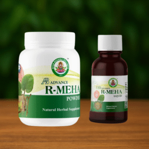 The R-MEHA Big Set Combo, featuring herbal supplements in a white powder jar and a dark brown liquid bottle with green and white labels, is displayed on a wooden surface against a blurred green background.
