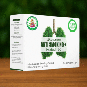 A box of AB Advance Anti Smoking+ Herbal Tea sits on a wooden surface. The white packaging shows green leaf lungs, product info, and promotes natural support to quit smoking.