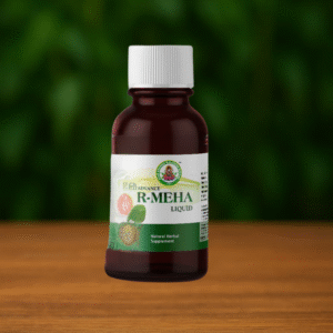 A brown bottle labeled Ayur Brahma R-Meha Liquid with a white cap sits on a wooden surface against a blurred green background.